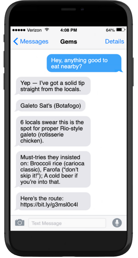 Smartphone showing WhatsApp conversation with local recommendations